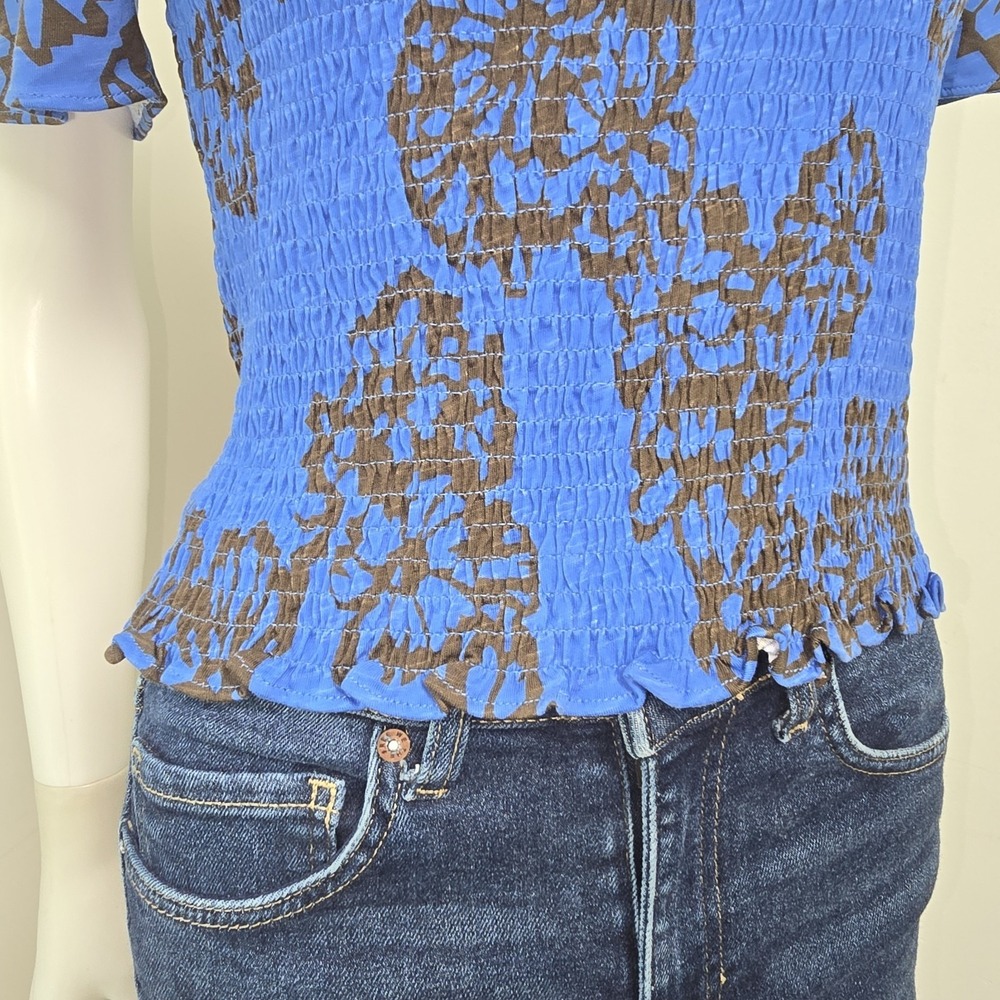 ME+EM Stencil Bloom Print Smocked Top Size 4 Blue Ruffle Provence Womens NWT - Picture 6 of 11